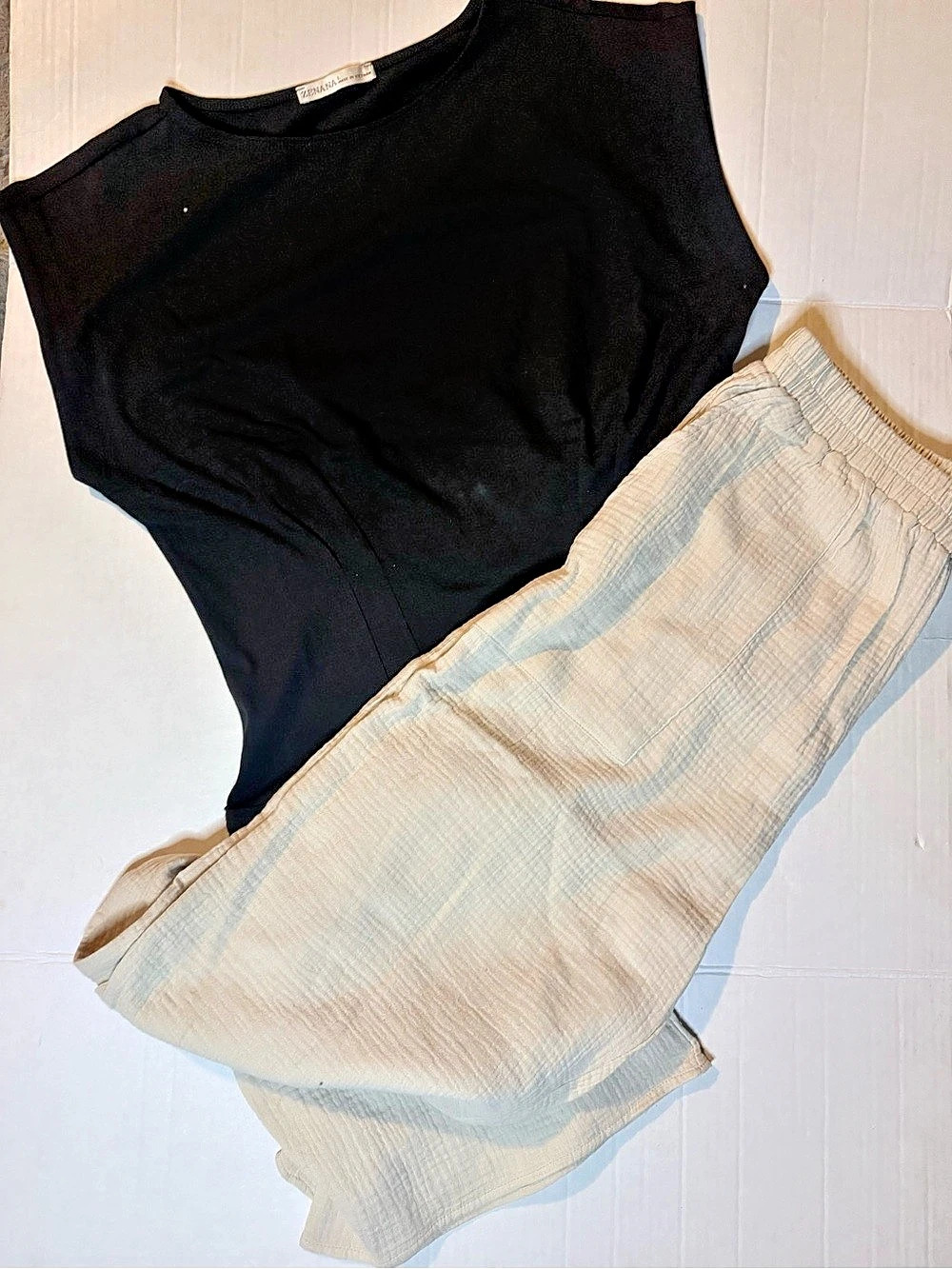 Zenana Black Top & Cream Pants Set